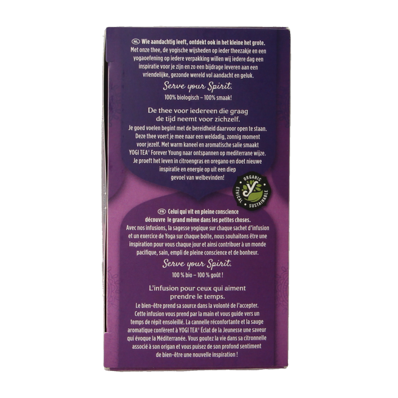 Yogi Tea Forever Young bio tea in 17 tea bags, featuring herbal infusions for wellness and rejuvenation.