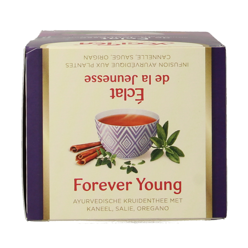 Yogi Tea Forever Young bio tea bags box with 17 sachets, featuring herbal tea packaging and branding.