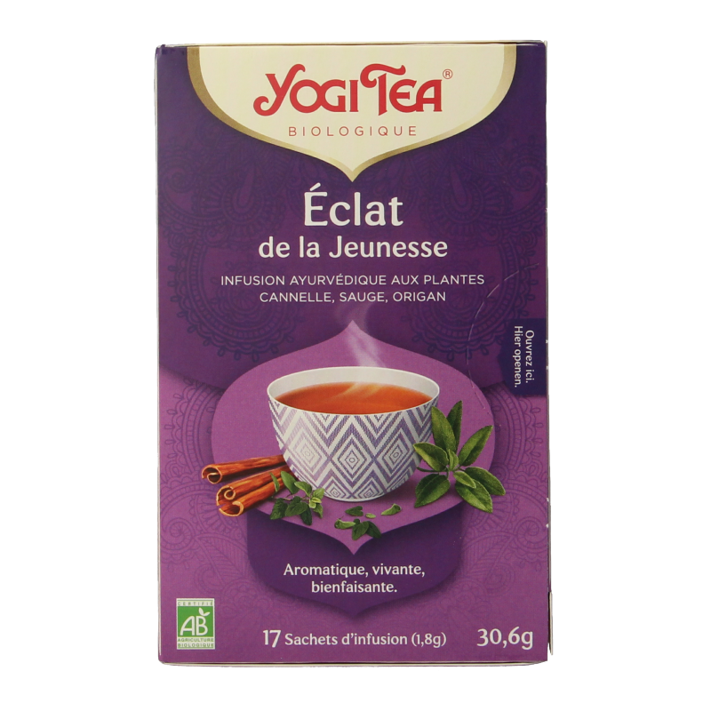 Yogi Tea Forever Young bio tea bags in a box, featuring herbal tea blends for wellness and vitality.