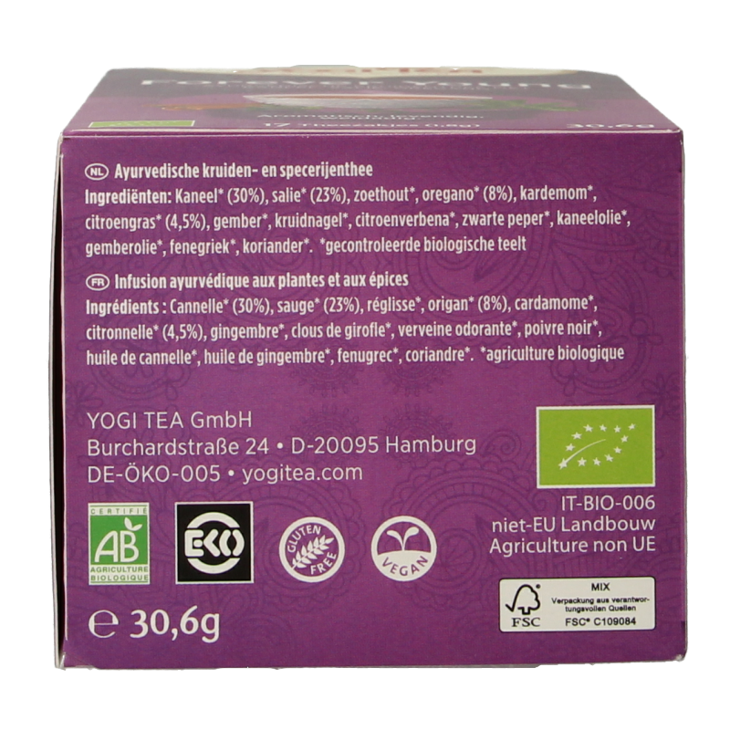 Yogi Tea Forever Young bio tea box with 17 tea bags, featuring herbal blend packaging and product branding.