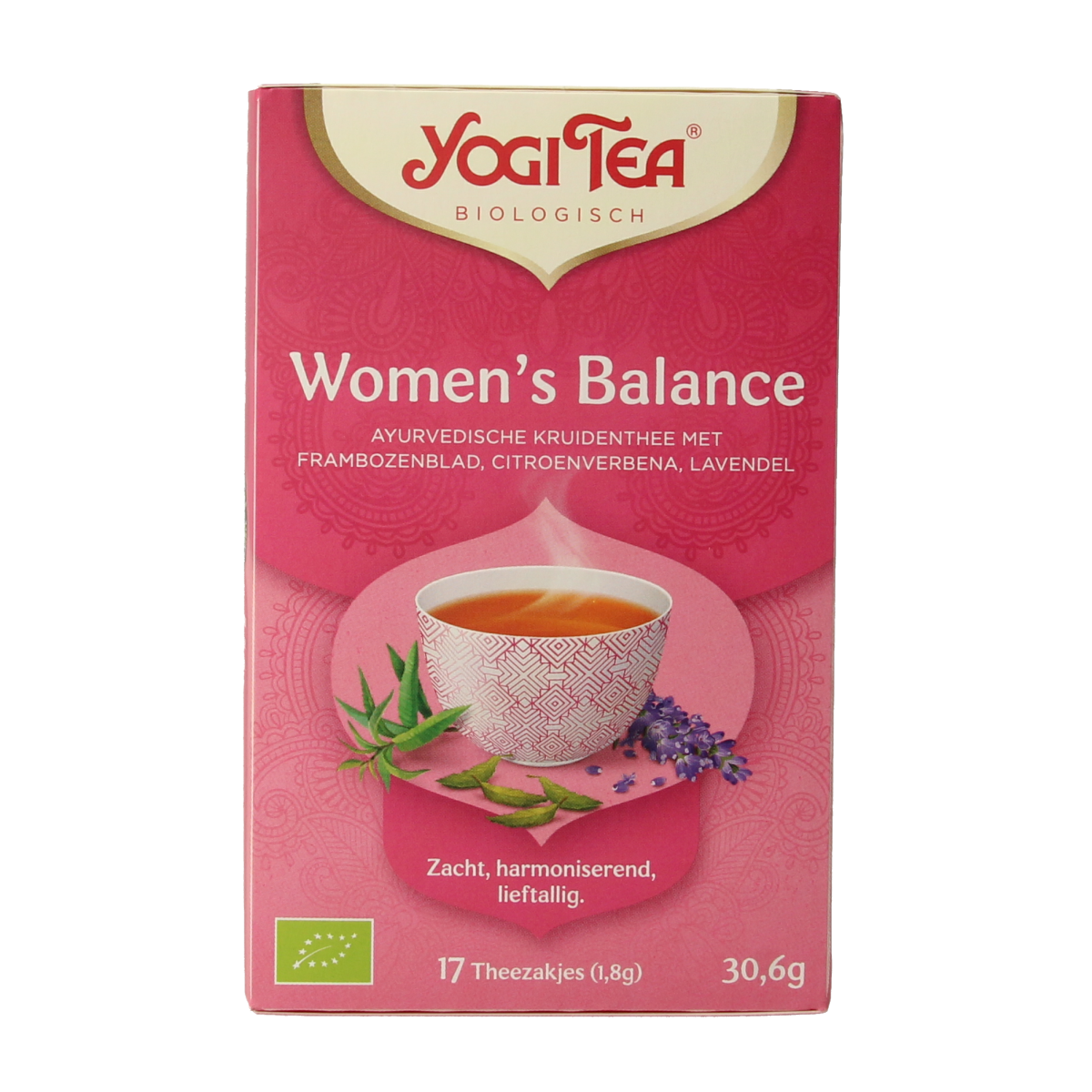 Yogi Tea Women's Balance Bio tea boxes with 17 tea bags, featuring herbal blend for wellness and relaxation.