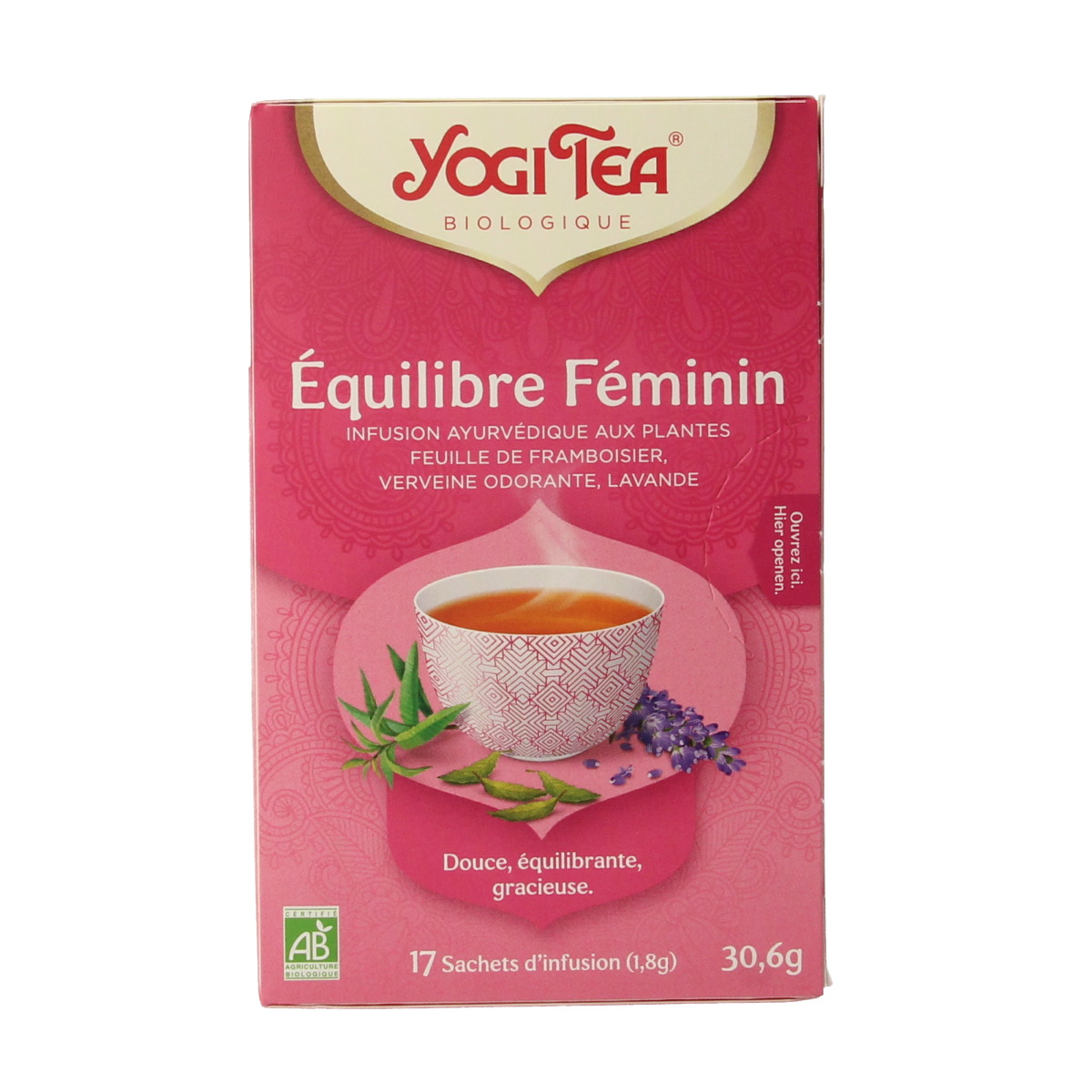 Yogi Tea Women's Balance Bio herbal tea in a box with 17 tea bags, natural ingredients for wellness and relaxation.