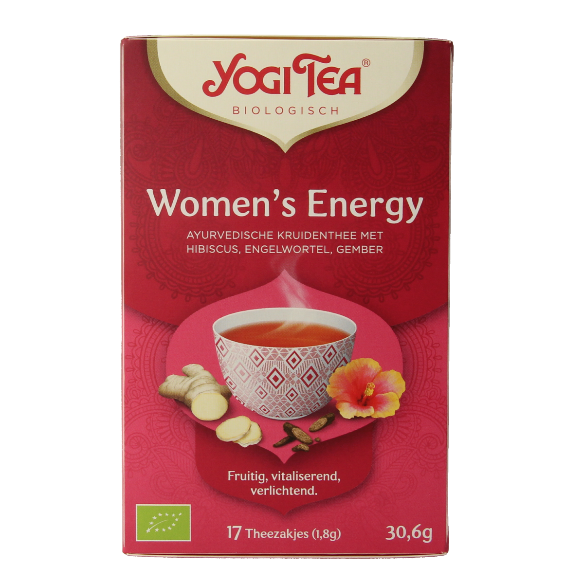 Yogi Tea Women's Energy Bio tea box with 17 organic tea bags, featuring vibrant packaging and herbal ingredients on the label.