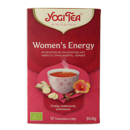 Yogi Tea Women's Energy Bio tea box with 17 organic tea bags, featuring vibrant packaging and herbal ingredients on the label.