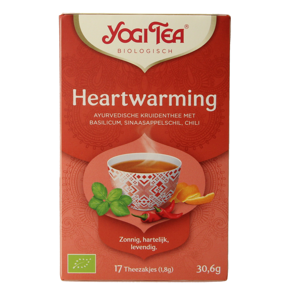 Yogi Tea Heartwarming bio tea box with 17 tea bags, featuring natural ingredients and warm packaging for soothing tea experience.