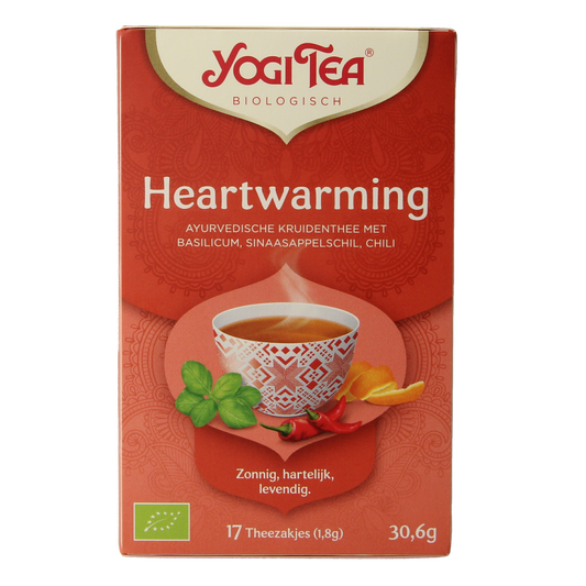 Yogi Tea Heartwarming bio tea box with 17 tea bags, featuring natural ingredients and warm packaging for soothing tea experience.