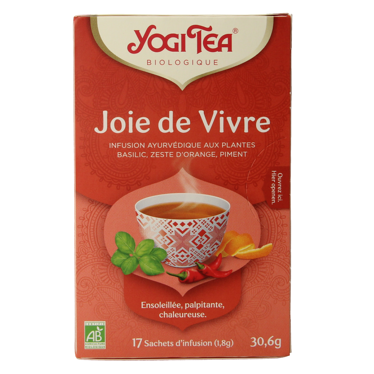 Yogi Tea Heartwarming organic tea box with 17 tea sachets, featuring herbal and floral blend for soothing beverages.