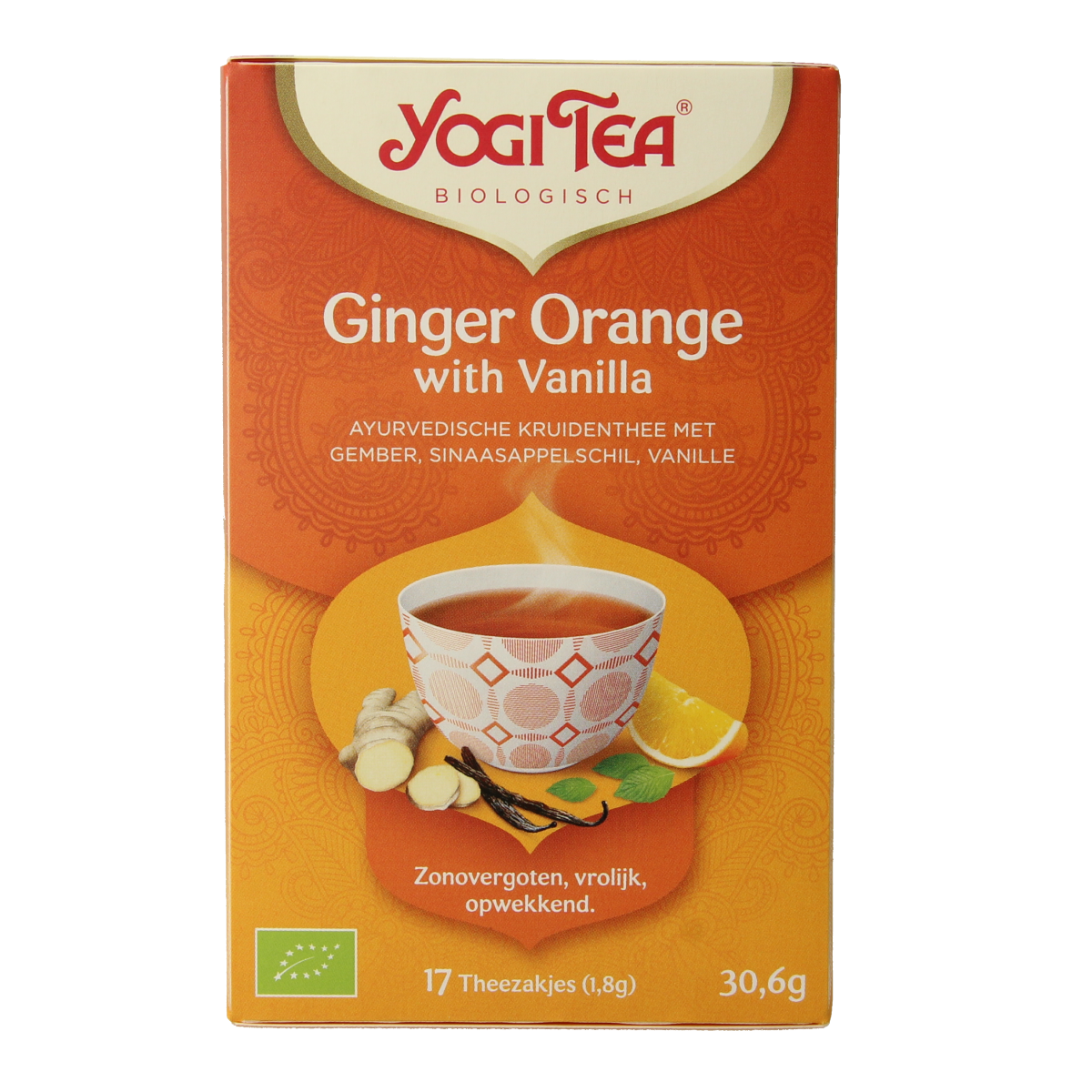 Yogi Tea Ginger Orange Vanilla organic tea bags, featuring a box of 17 natural herbal tea sachets with fresh ginger, orange, and vanilla.
