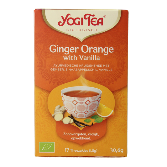 Yogi Tea Ginger Orange Vanilla organic tea bags, featuring a box of 17 natural herbal tea sachets with fresh ginger, orange, and vanilla.
