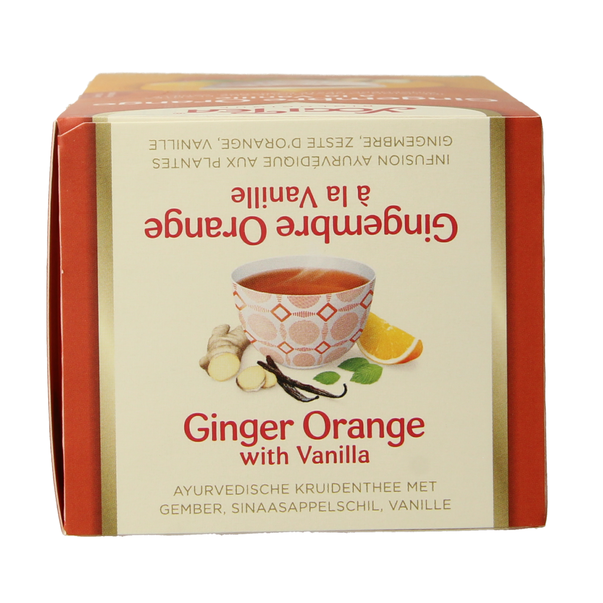 Yogi Tea Ginger Orange Vanilla organic tea bags, showing the box and tea bags with fresh ginger, orange, and vanilla flavor ingredients.