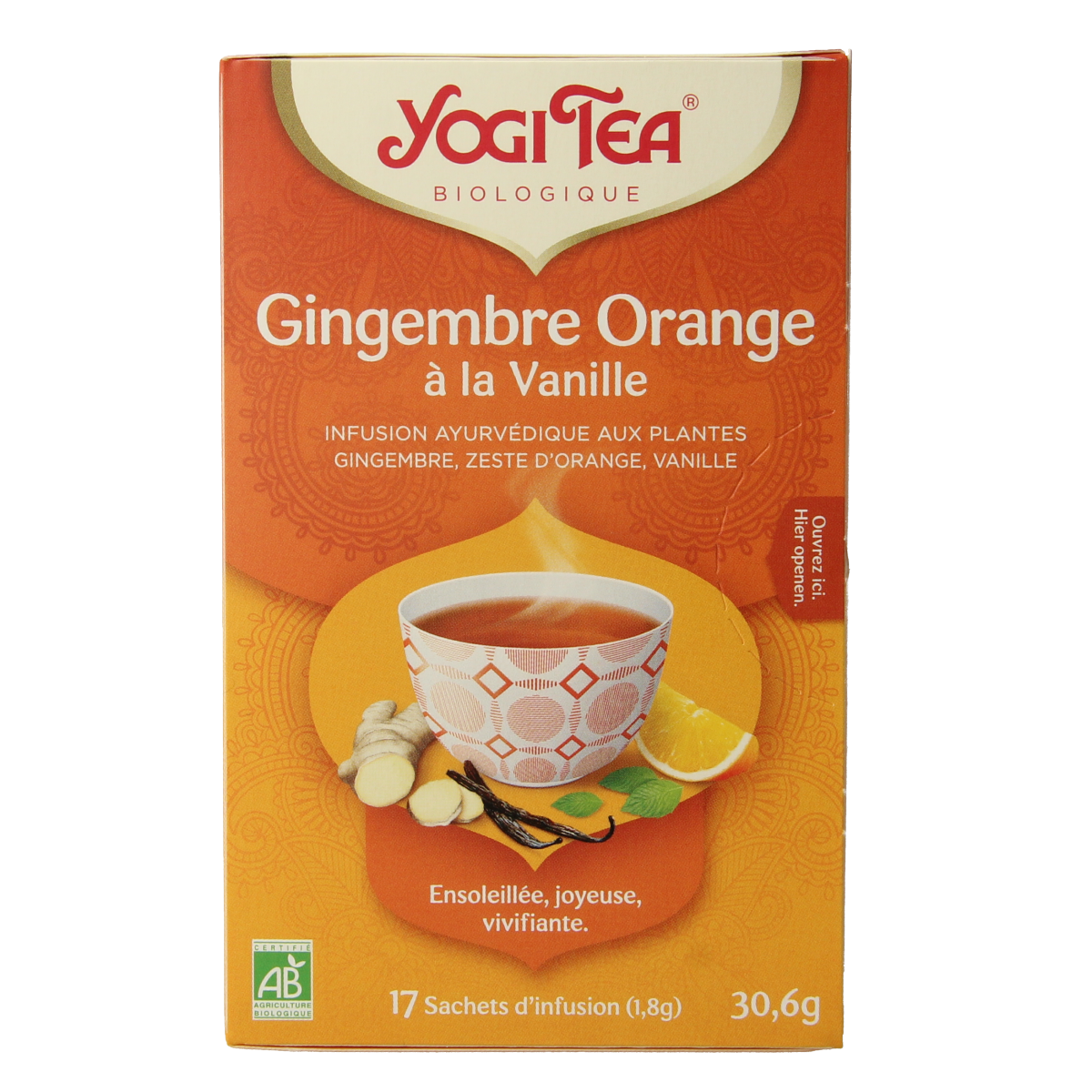 Yogi Tea Ginger Orange Vanilla organic tea in a box with 17 tea bags, featuring vibrant orange and vanilla flavor packaging.