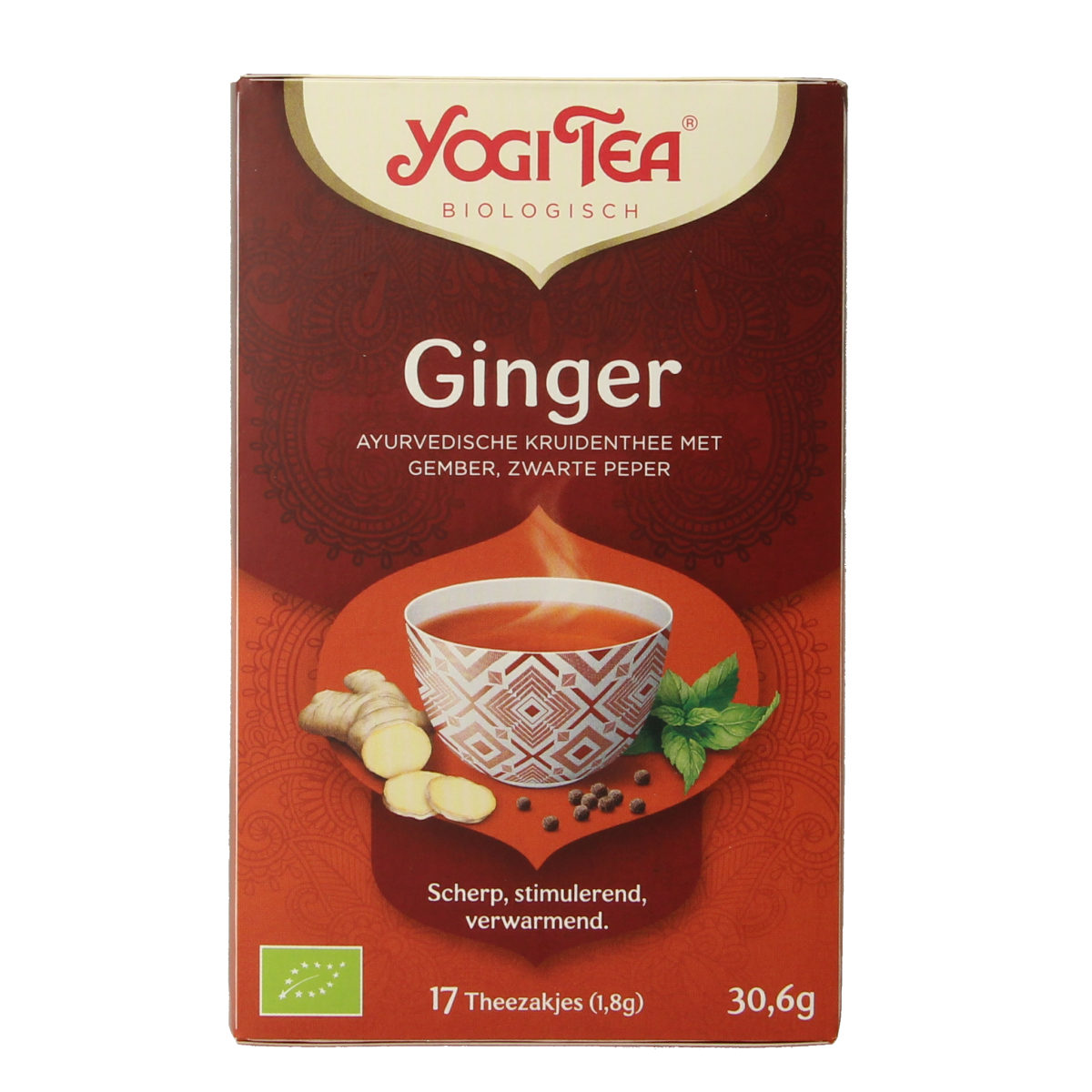 Organic Yogi Tea Ginger in 17 tea bags, showcasing the herbal tea packaging with ginger flavor and natural ingredients.