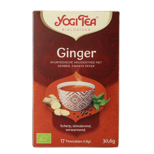 Organic Yogi Tea Ginger in 17 tea bags, showcasing the herbal tea packaging with ginger flavor and natural ingredients.