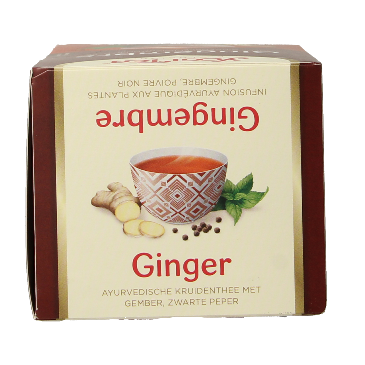 Organic Yogi Tea Ginger in a box with 17 tea bags, showcasing the box and tea bag packaging for herbal tea lovers.