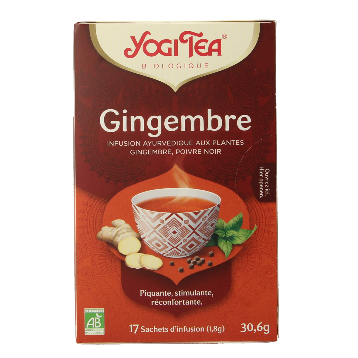 Organic Yogi Tea Ginger in a box with 17 tea bags, featuring fresh ginger flavor, part of the coffee and tea collection.