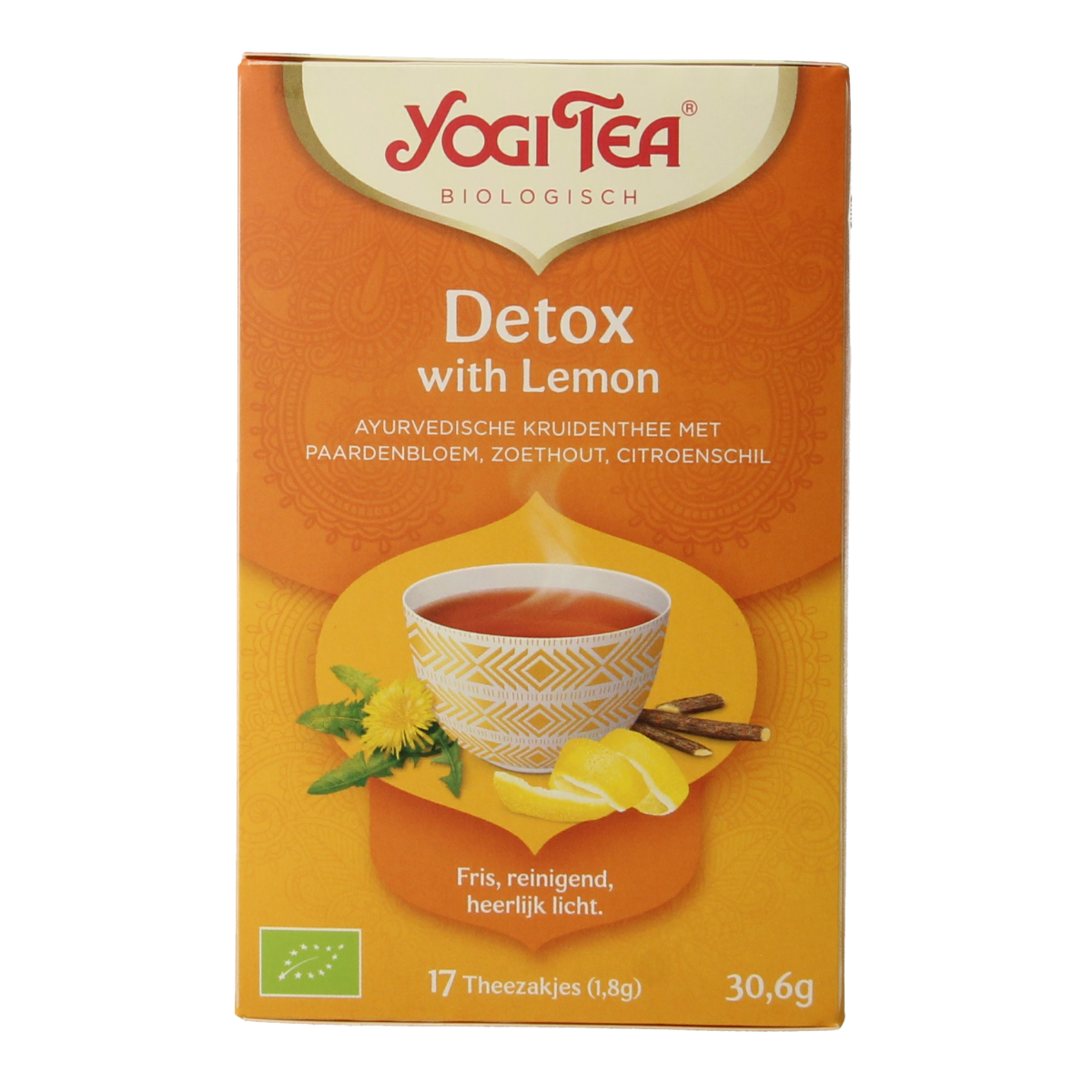 Yogi Tea Detox with Lemon organic tea bags, showing a box of 17 bio tea sachets with lemon flavor in a natural setting