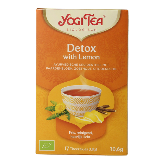 Yogi Tea Detox with Lemon organic tea bags, showing a box of 17 bio tea sachets with lemon flavor in a natural setting