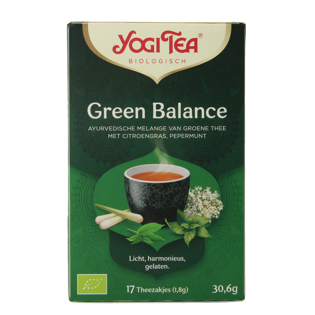 Yogi Tea Green Balance bio tea bag box with 17 organic tea sachets, natural herbal blend for wellness and relaxation.