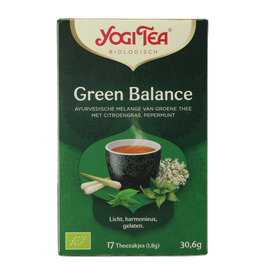 Yogi Tea Green Balance bio tea bag box with 17 organic tea sachets, natural herbal blend for wellness and relaxation.