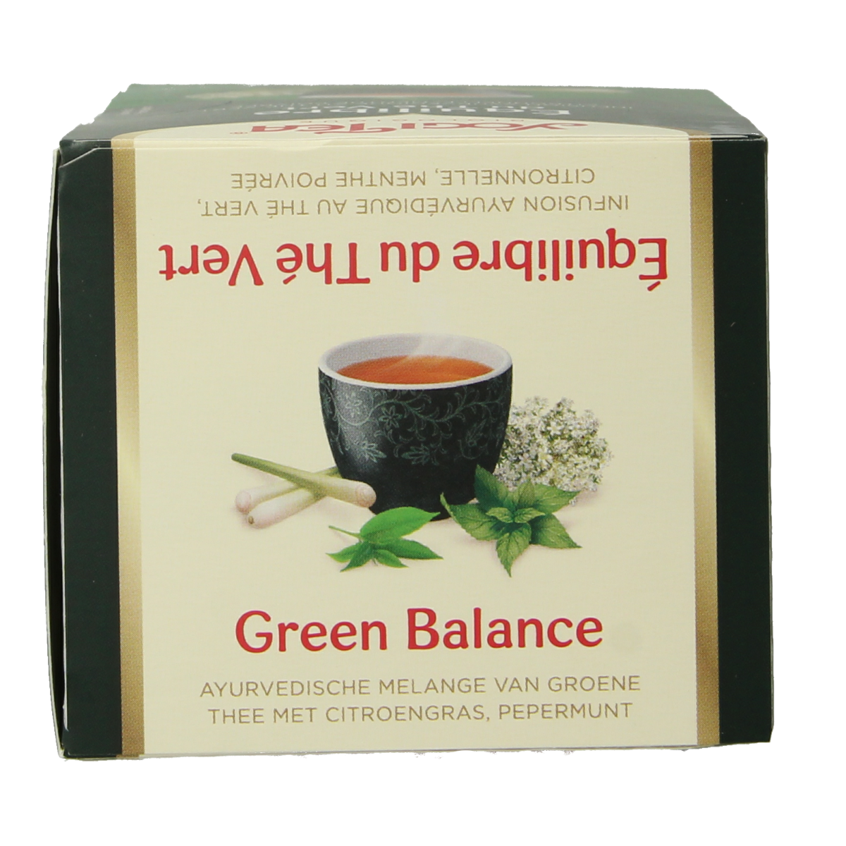 Yogi Tea Green Balance bio tea sachets in a box, featuring fresh green tea leaves and herbal ingredients for wellness.