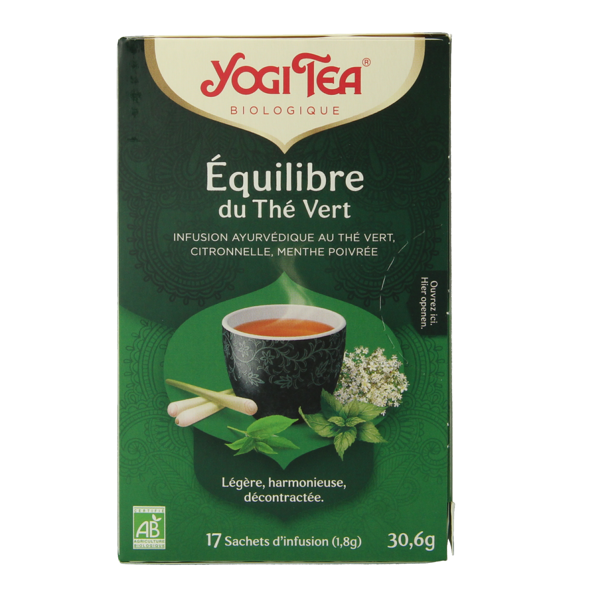 Yogi Tea Green Balance bio tea bag, organic herbal tea with green tea leaves and natural ingredients in a packaging pouch