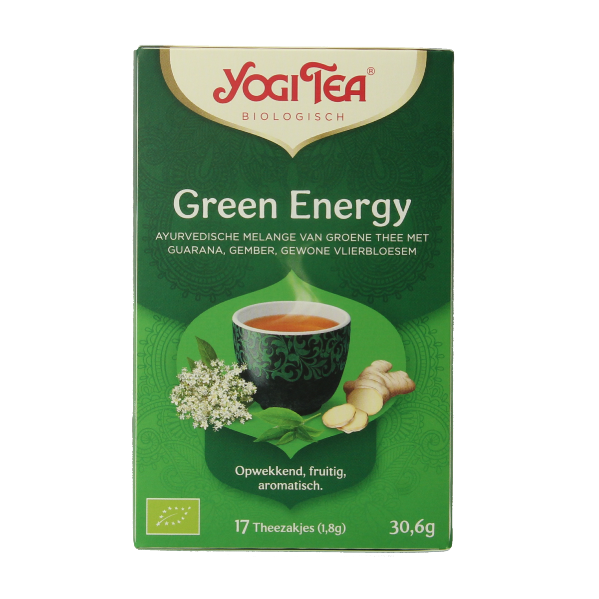 Yogi Tea Green Energy bio tea box with 17 tea bags, featuring green tea leaves and vibrant packaging.