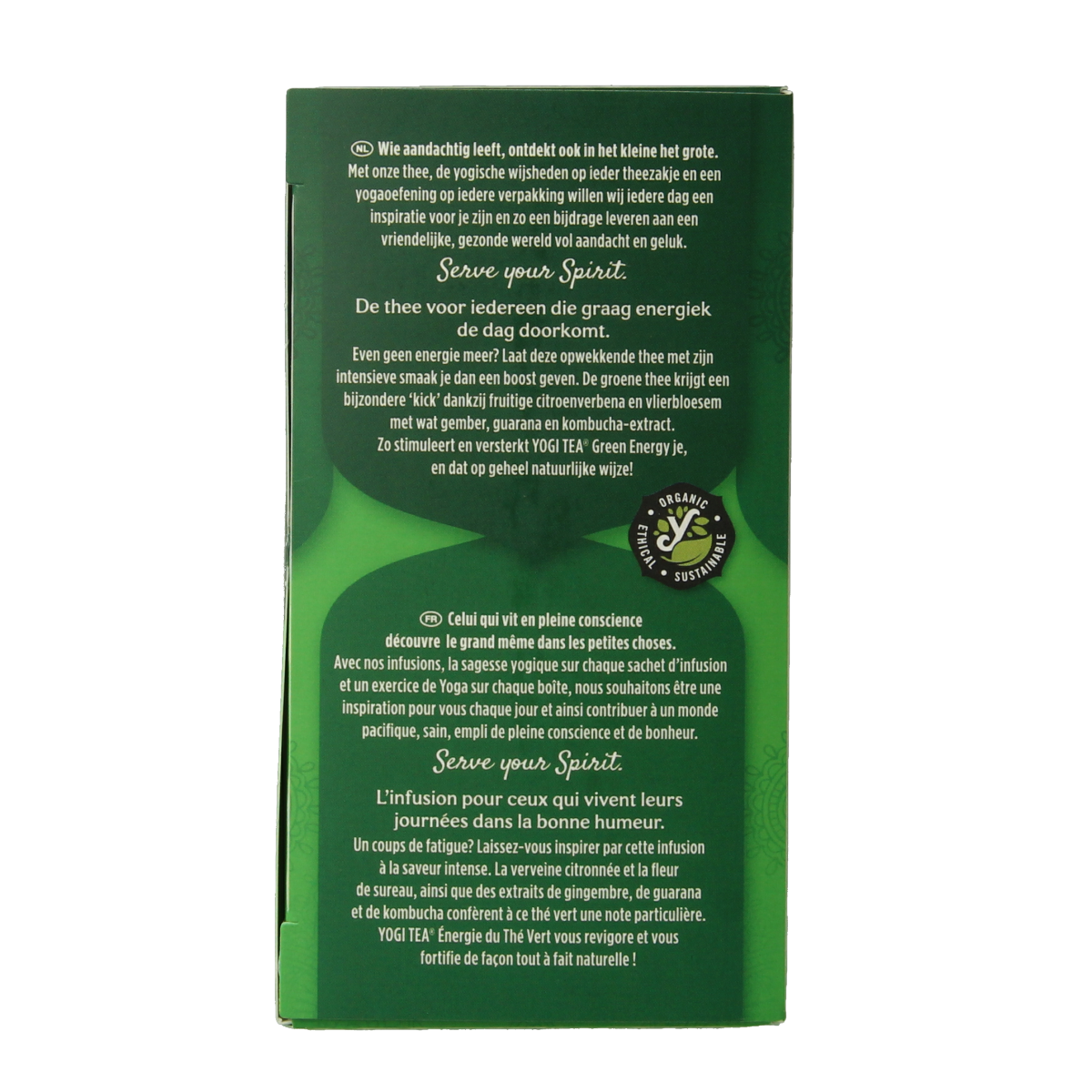 Yogi Tea Green Energy bio tea bag box showing 17 tea sachets, natural herbal blend for energizing wellness.