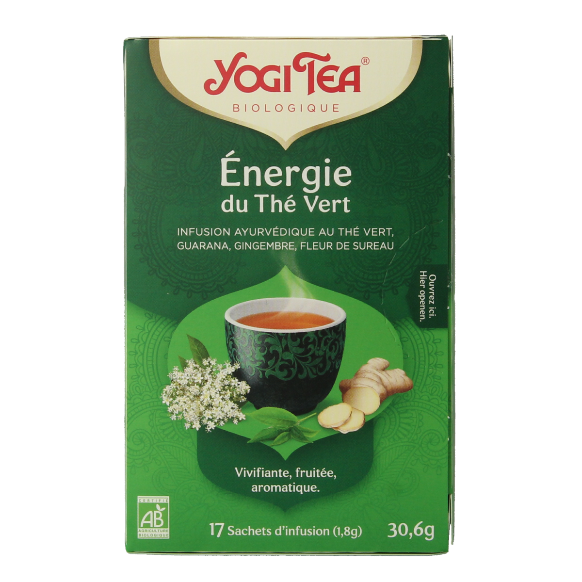 Yogi Tea Green Energy bio tea bags, natural herbal tea with energizing green tea ingredients, in a box of 17 tea bags.