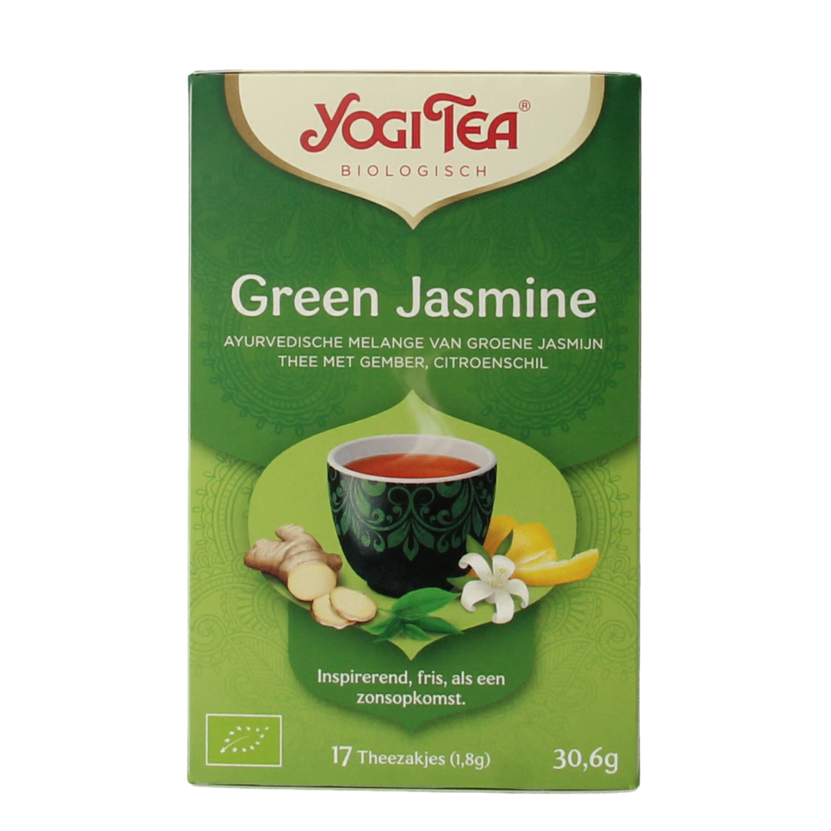 Organic Yogi Tea Green Jasmine with 17 tea bags, featuring fresh jasmine aroma in a green tea blend.