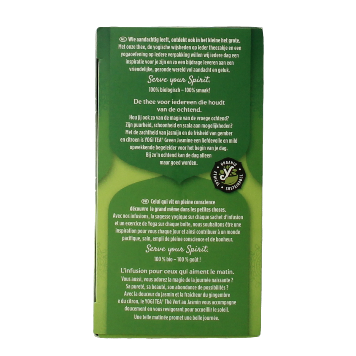Yogi Tea Green Jasmine bio with 17 tea bags, featuring a box of organic jasmine green tea in natural packaging.