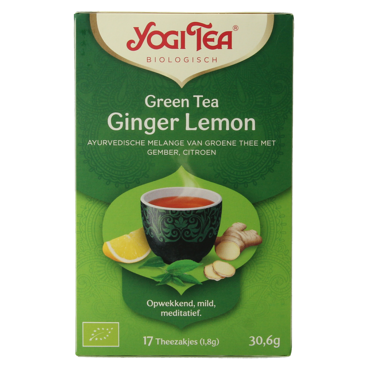 Yogi Tea Green Tea with Ginger and Lemon in a box of 17 tea bags, natural herbal tea product.