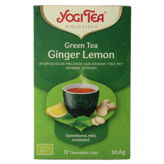 Yogi Tea Green Tea with Ginger and Lemon in a box of 17 tea bags, natural herbal tea product.