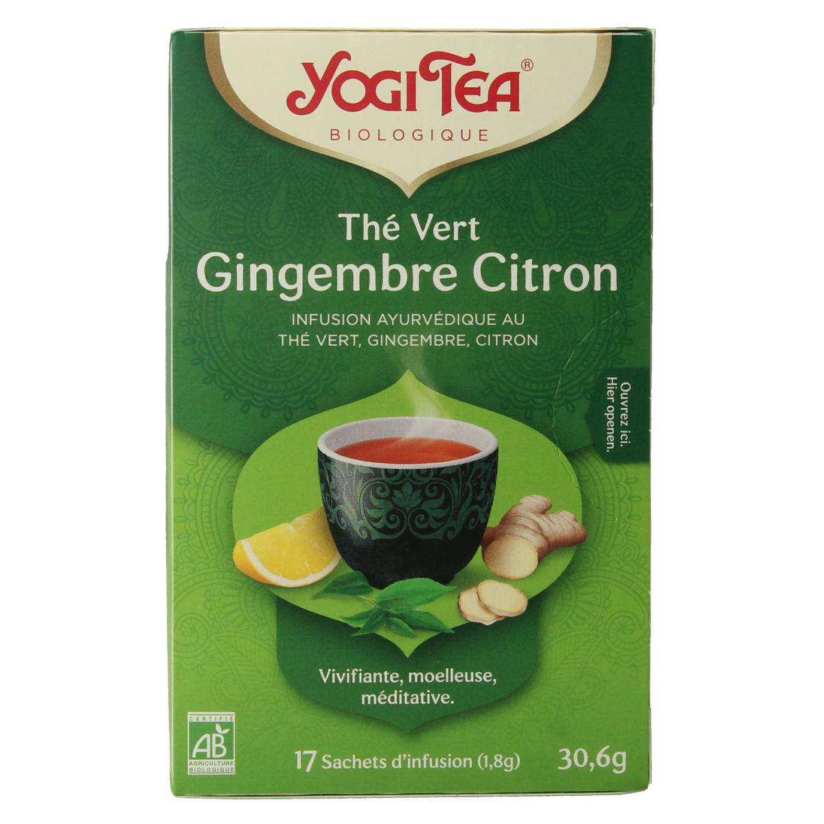 Yogi Tea Green Tea with Ginger and Lemon in a box of 17 tea bags, organic herbal tea with fresh lemon and ginger flavor
