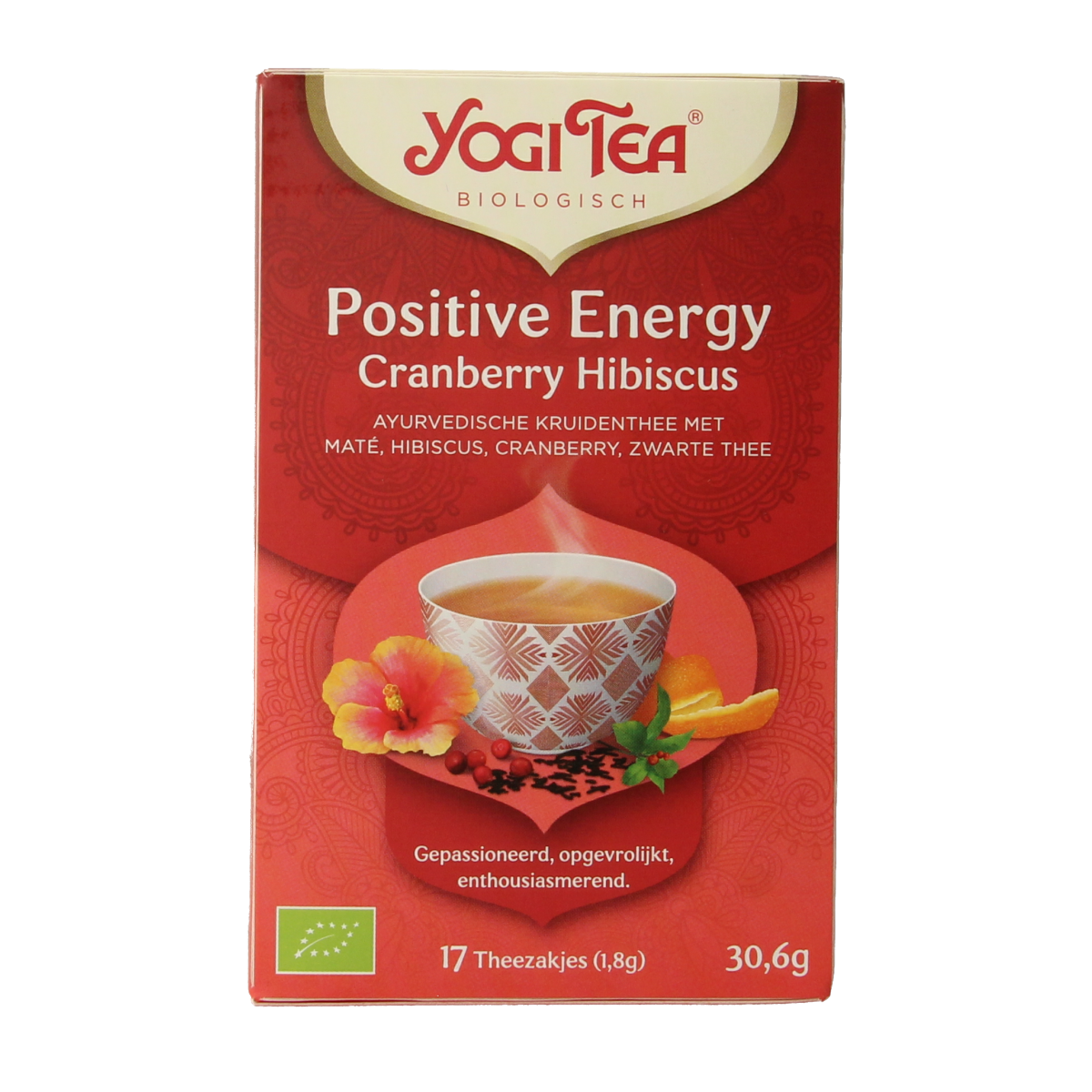 Yogi Tea Positive Energy herbal tea bags, 17-count box, featuring natural ingredients for uplifting and energizing beverage.