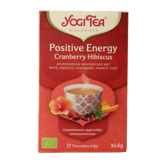 Yogi Tea Positive Energy herbal tea bags, 17-count box, featuring natural ingredients for uplifting and energizing beverage.