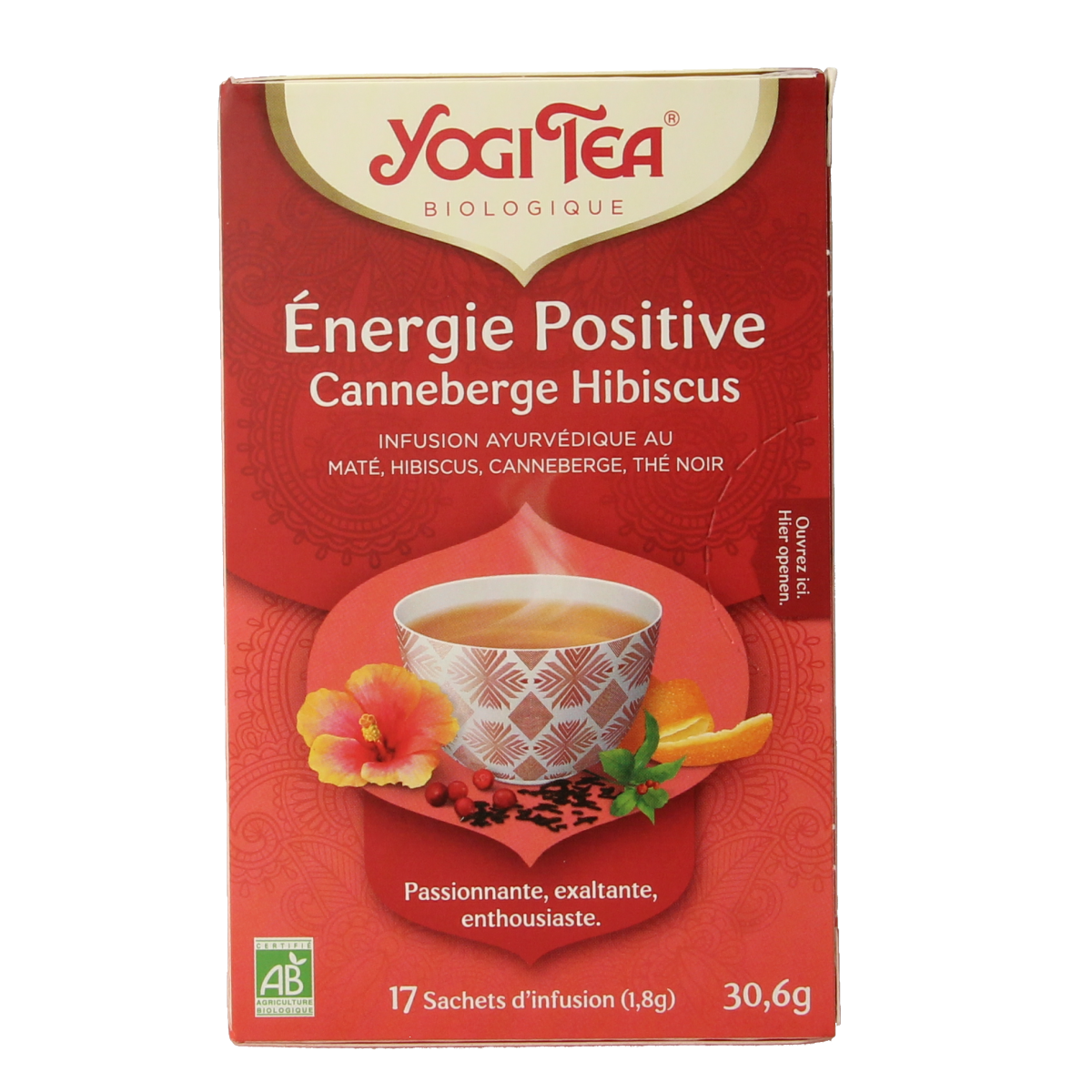 Yogi Tea Positive Energy herbal tea box with 17 tea bags, featuring natural ingredients and vibrant packaging.