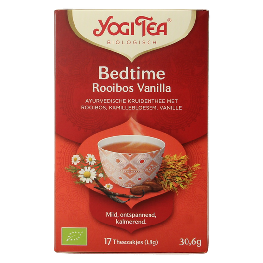 Yogi Tea Bedtime Rooibos Vanille bio tea in a box with 17 tea bags, natural herbal blend for relaxing evenings.