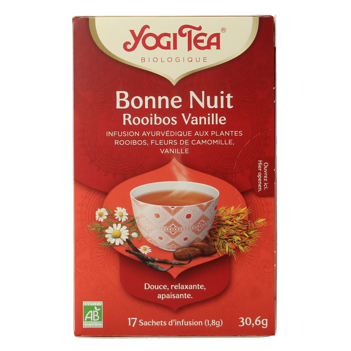 Yogi Tea Bedtime Rooibos Vanille bio tea in a box with 17 tea bags, featuring a calming herbal blend and vanilla flavor.