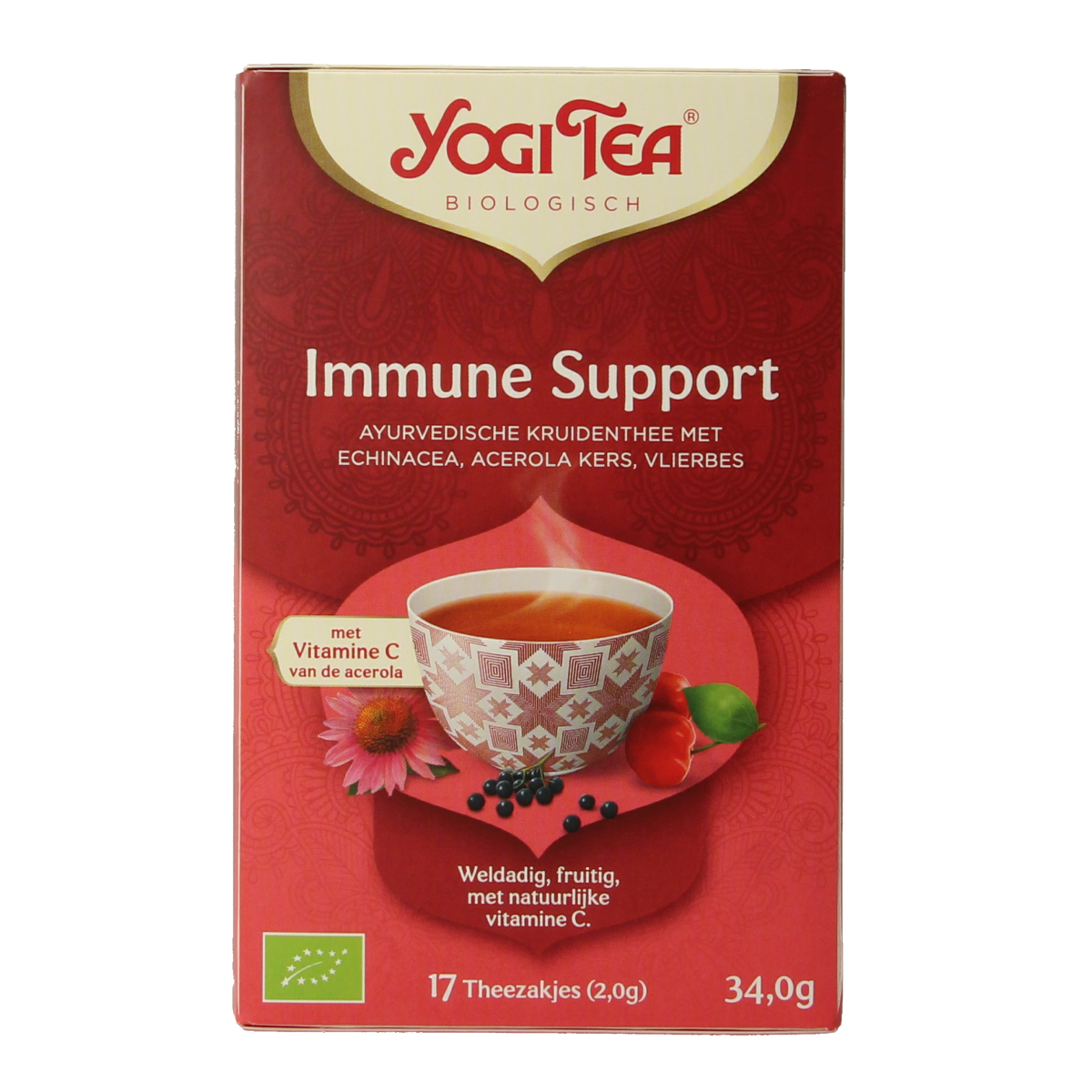 Yogi Tea Immune Support bio herbal tea in 17 biodegradable tea bags, featuring natural ingredients for immune health.