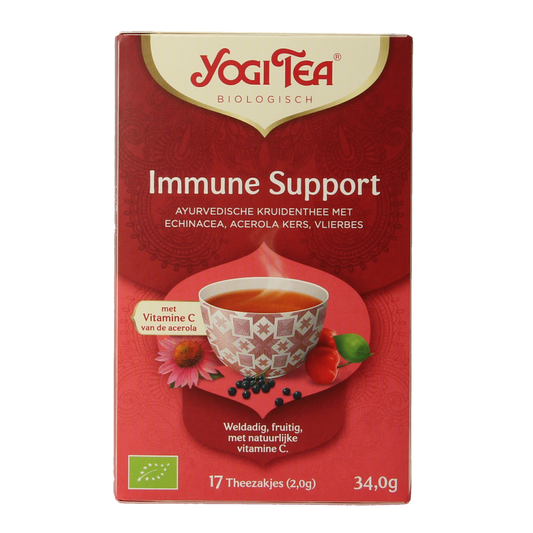 Yogi Tea Immune Support bio herbal tea in 17 biodegradable tea bags, featuring natural ingredients for immune health.