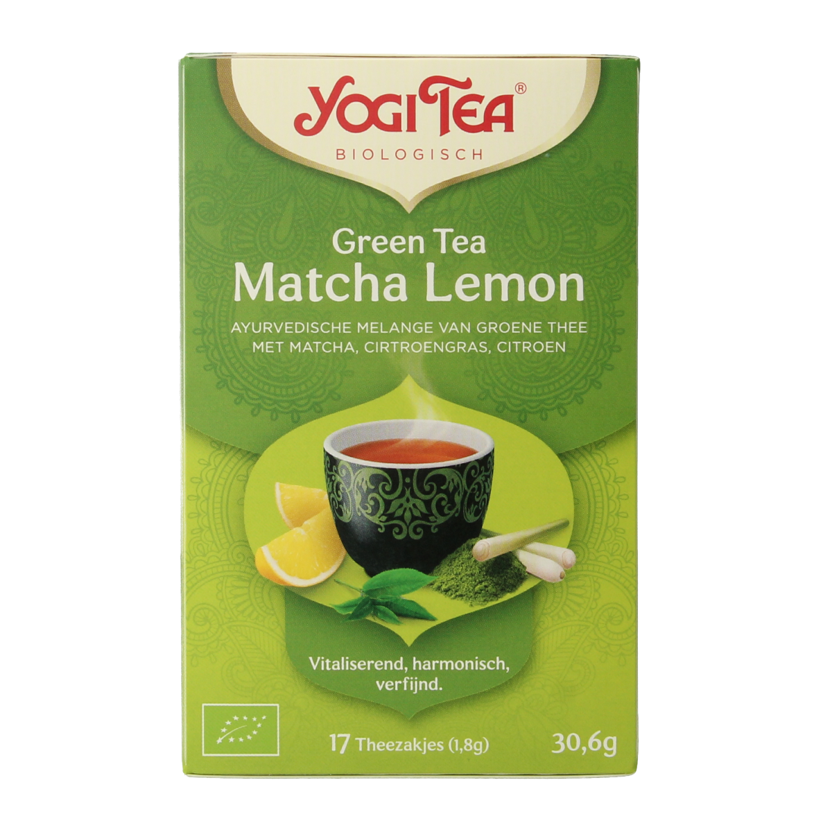 Yogi Tea Green Matcha Lemon organic tea bags, 17 count, with fresh lemon and green tea leaves in a box