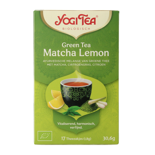 Yogi Tea Green Matcha Lemon organic tea bags, 17 count, with fresh lemon and green tea leaves in a box