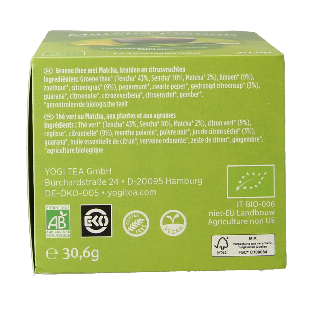Yogi Tea Green Matcha Lemon organic tea bags, 17-count, featuring green tea with lemon flavor in a colorful packaging.