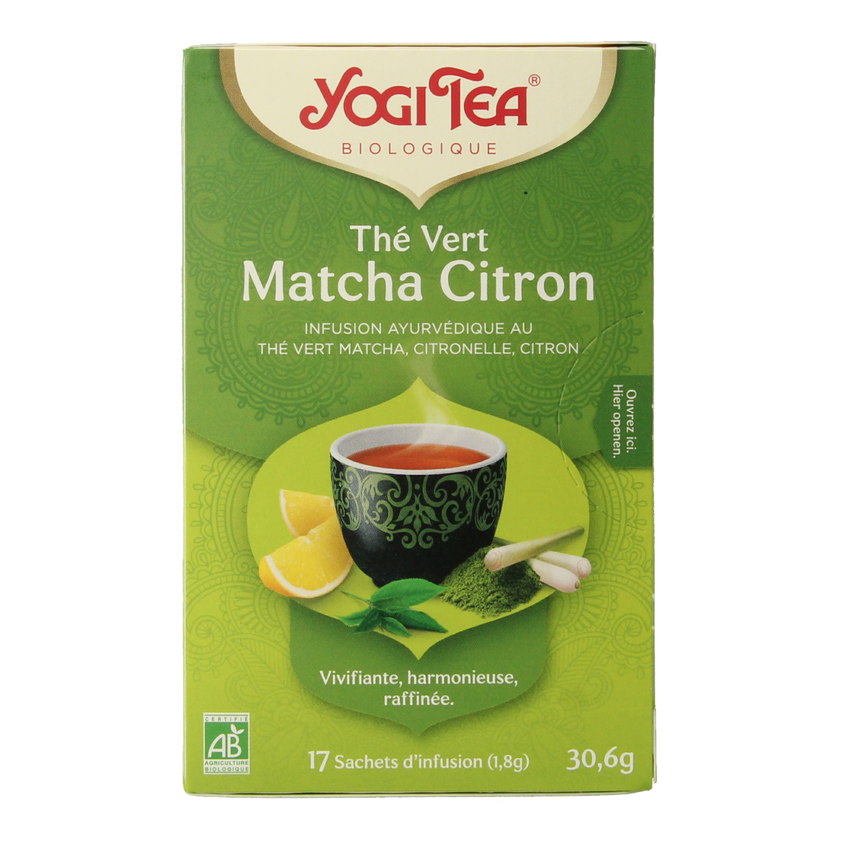 Yogi Tea Green Matcha Lemon organic tea in a box, featuring 17 tea bags, with fresh lemon and green tea leaves visible.