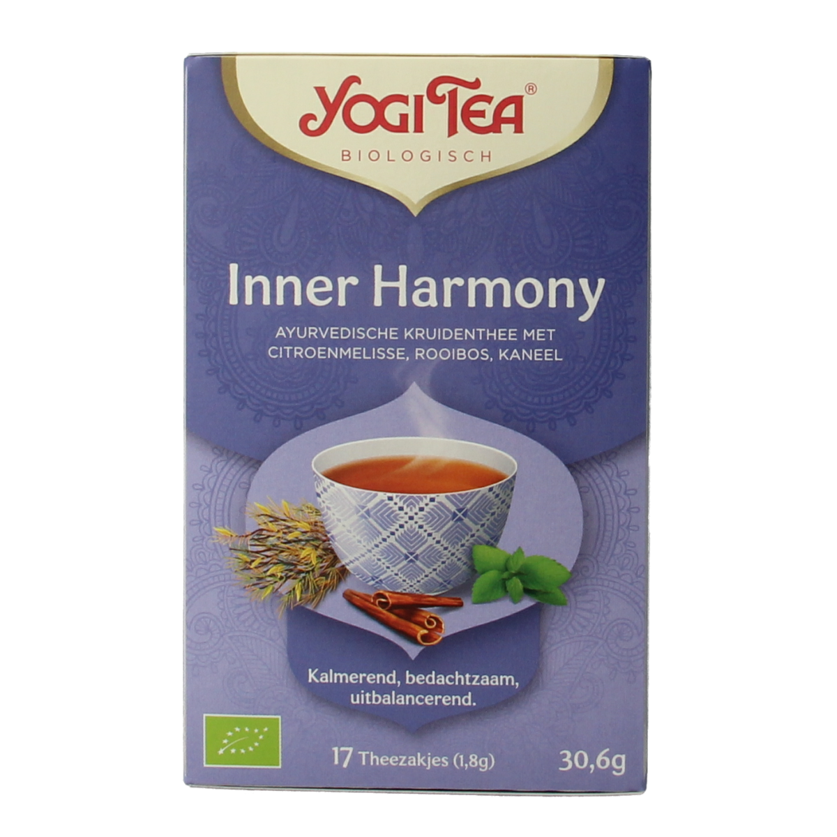 Yogi Tea Inner Harmony bio tea box with 17 organic tea bags, featuring herbal blend for relaxation and balance.