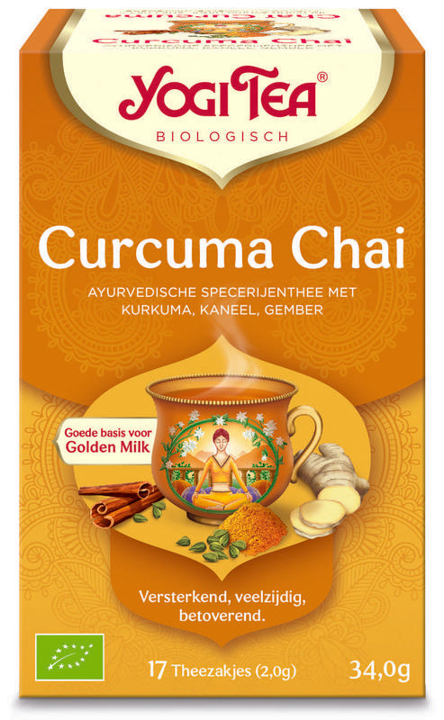 Yogi Tea bio turmeric chai tea bag pack with 17 tea bags, featuring golden turmeric and spice blend in a colorful box.