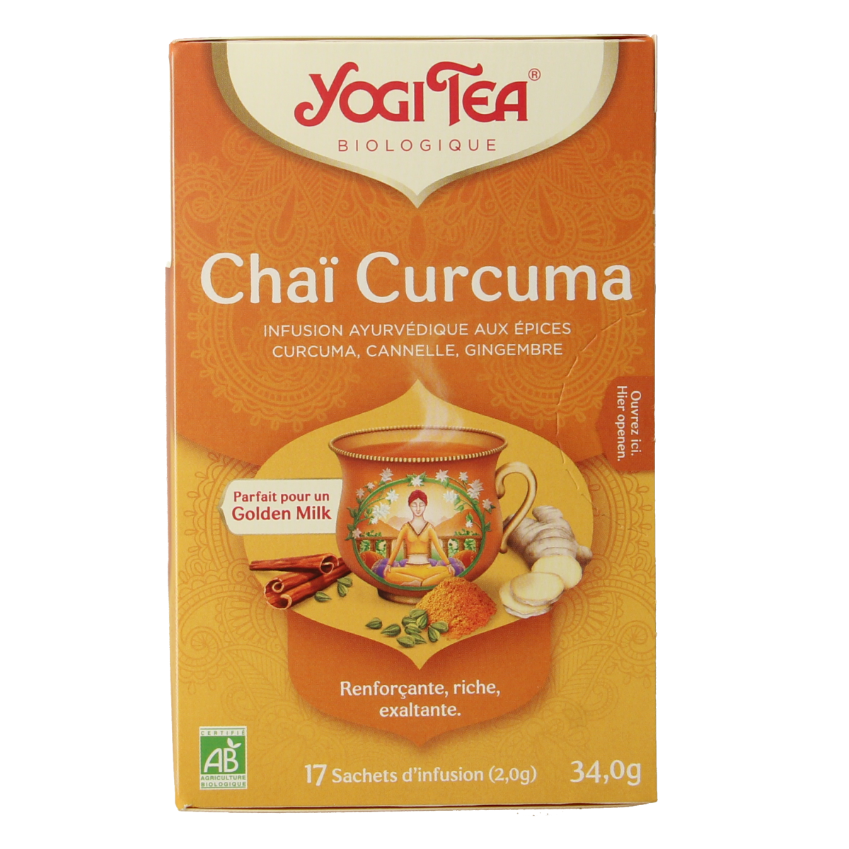Organic Yogi Tea Curcuma turmeric chai tea bag box with 17 tea bags, featuring turmeric and spice blend branding.