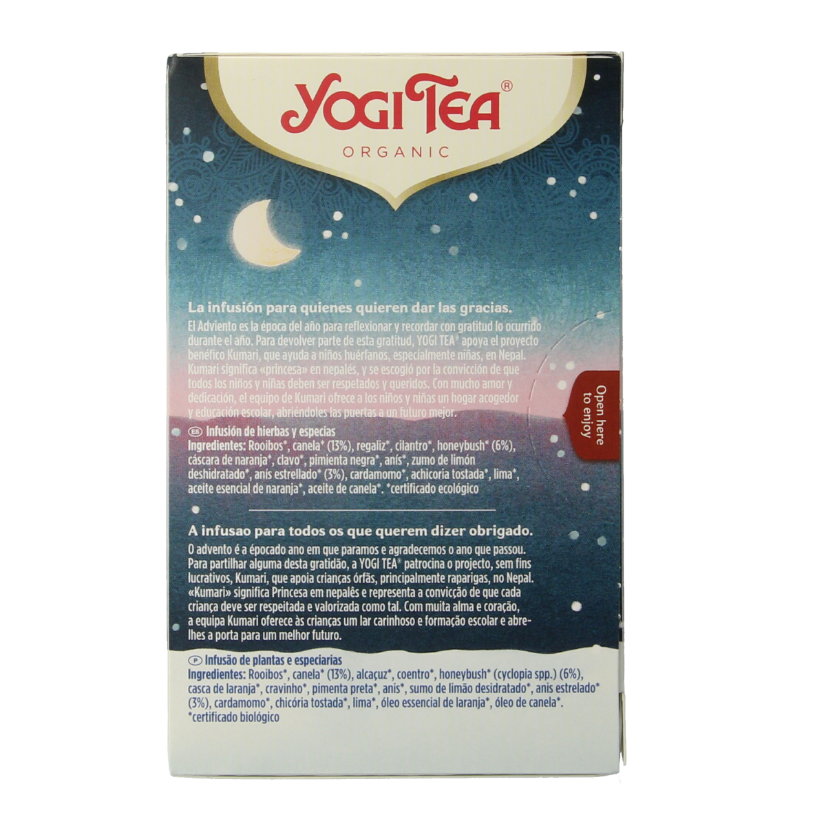 Yogi Tea Christmas herbal tea in a box with 17 tea bags, featuring festive packaging and a blend of natural ingredients.