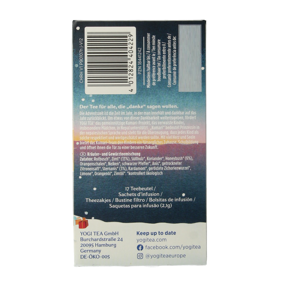 Yogi Tea Christmas herbal tea in a box with 17 tea bags, featuring festive packaging and natural ingredients.