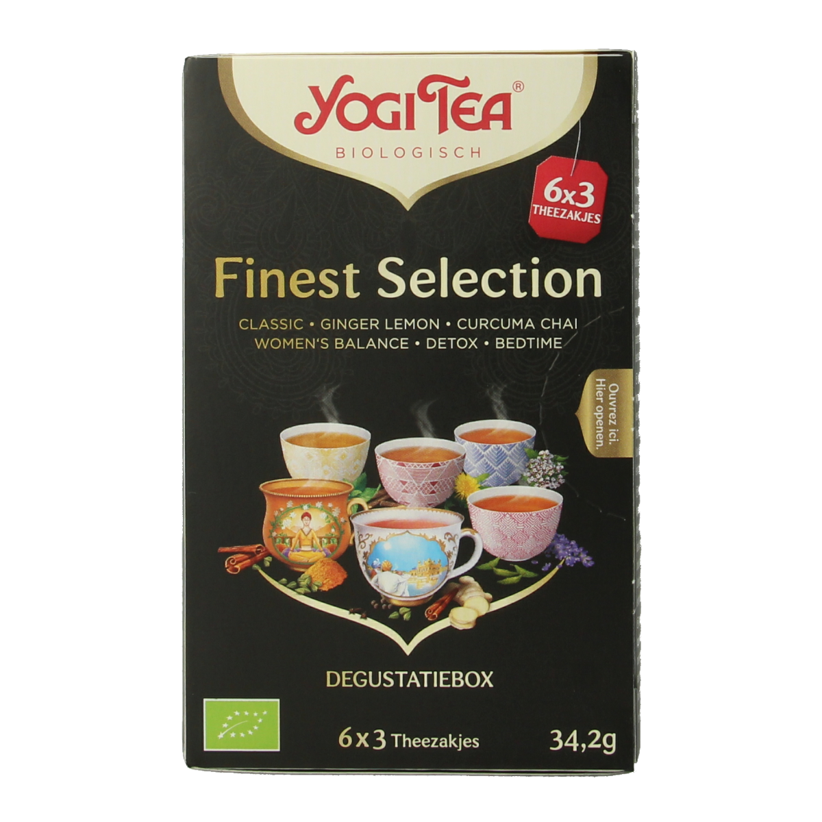 Yogi Tea Finest Selection box with 6 packages of 3 organic tea bags each, featuring a variety of herbal and tea blends.